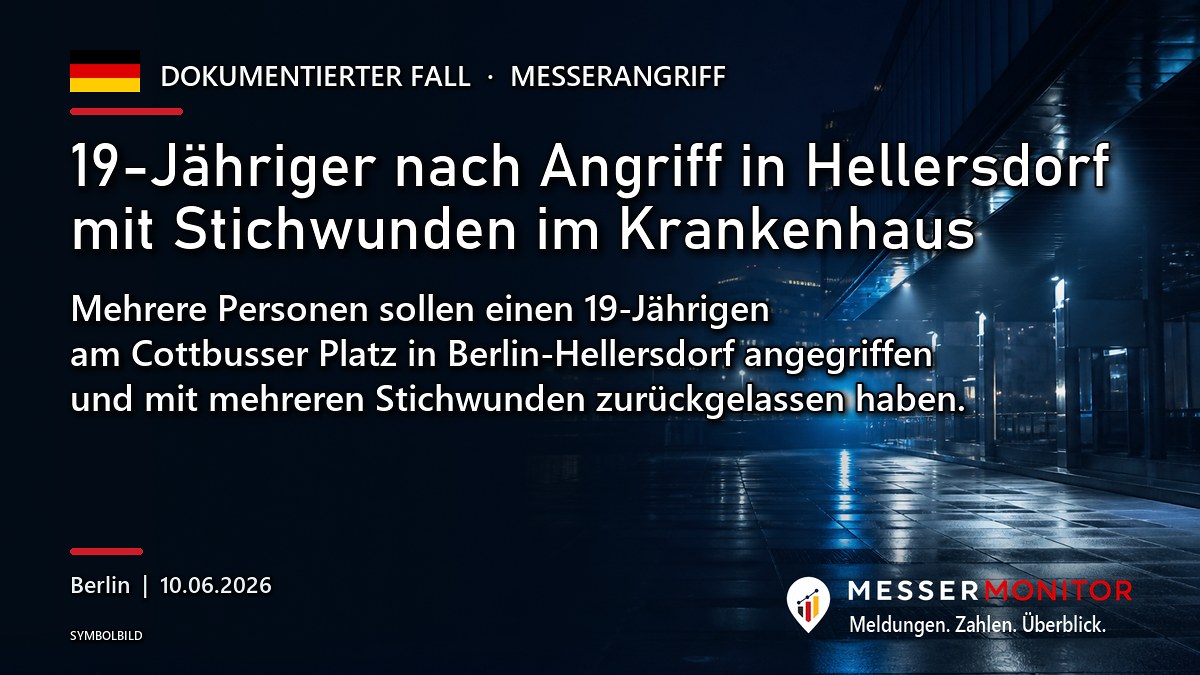 Titelgrafik: 19-Jähriger nach Angriff in Hellersdorf mit Stichwunden im Krankenhaus. Mehrere Personen sollen einen 19-Jährigen am Cottbusser Platz in Berlin-Hellersdorf angegriffen und mit mehreren Stichwunden zurückgelassen haben..