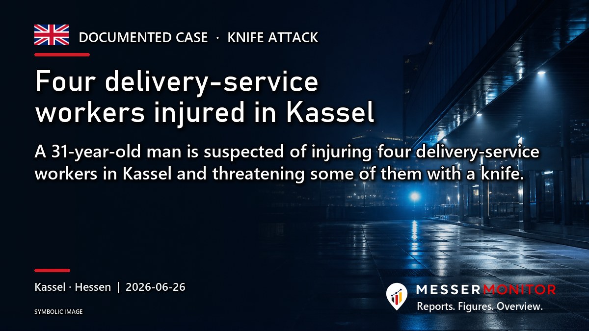Title image: Four delivery-service workers injured in Kassel. A 31-year-old man is suspected of injuring four delivery-service workers in Kassel and threatening some of them with a knife..