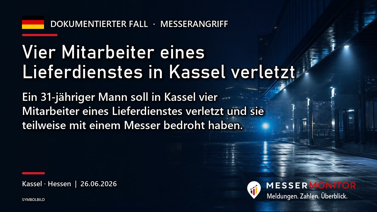 Titelgrafik: Vier Mitarbeiter eines Lieferdienstes in Kassel verletzt. Ein 31-jähriger Mann soll in Kassel vier Mitarbeiter eines Lieferdienstes verletzt und sie teilweise mit einem Messer bedroht haben..