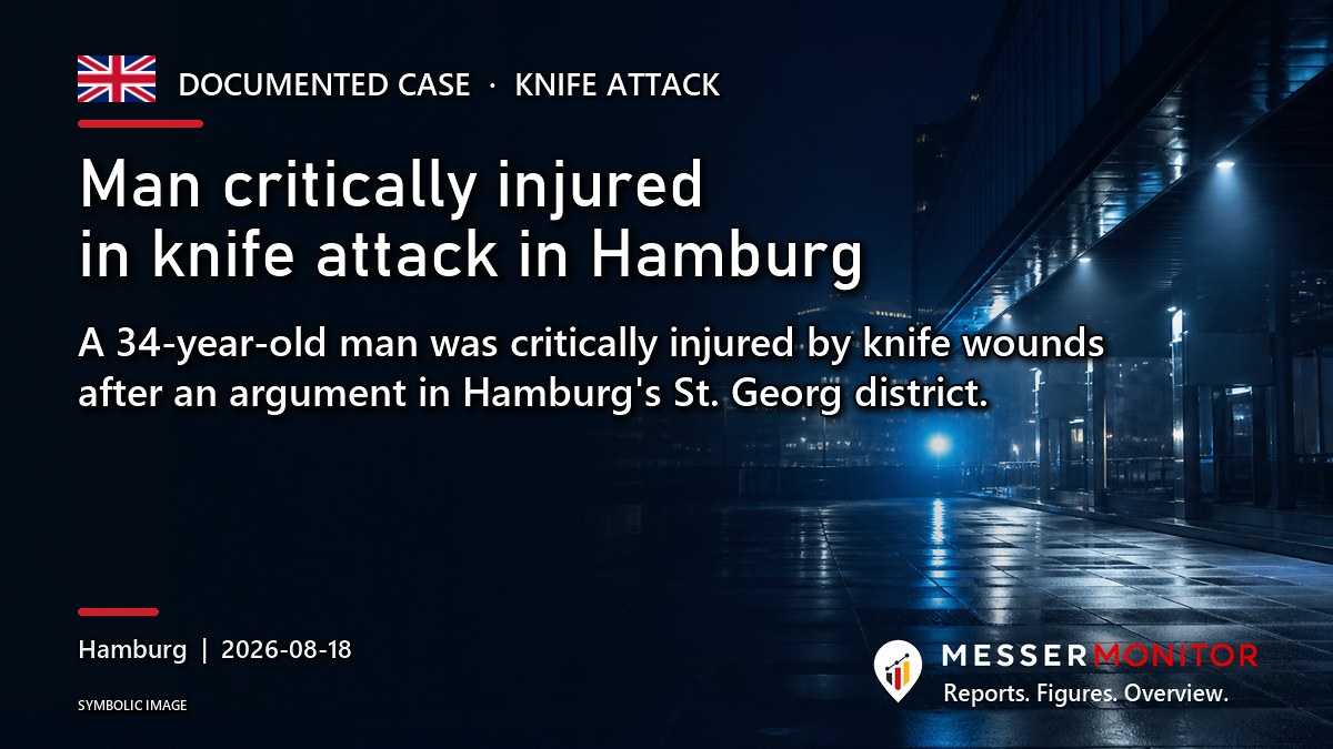Title image: Man critically injured in knife attack in Hamburg. A 34-year-old man was critically injured by knife wounds after an argument in Hamburg's St. Georg district..