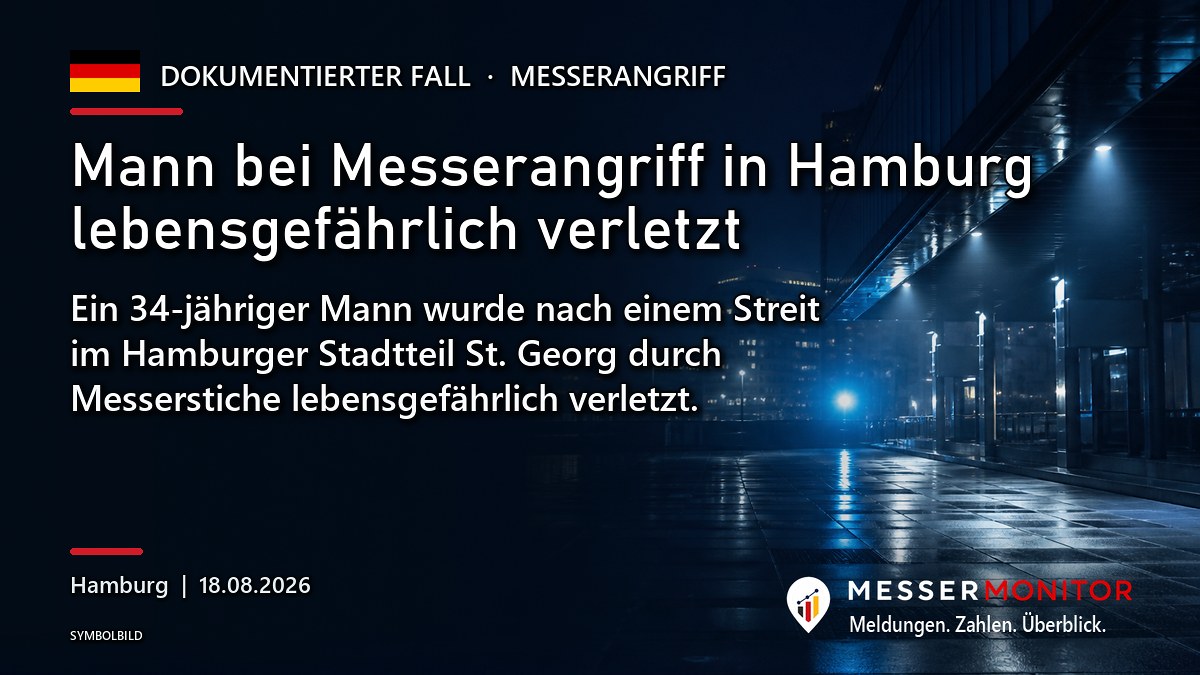 Titelgrafik: Mann bei Messerangriff in Hamburg lebensgefährlich verletzt. Ein 34-jähriger Mann wurde nach einem Streit im Hamburger Stadtteil St. Georg durch Messerstiche lebensgefährlich verletzt..