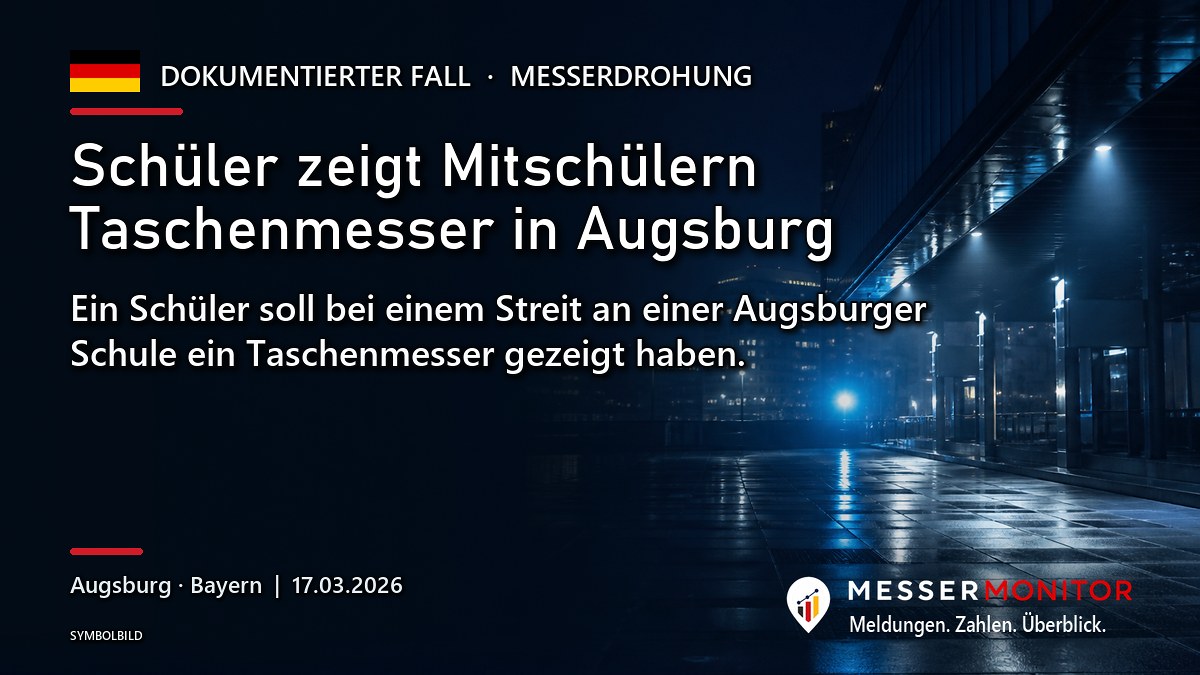 Titelgrafik: Schüler zeigt Mitschülern Taschenmesser in Augsburg. Ein Schüler soll bei einem Streit an einer Augsburger Schule ein Taschenmesser gezeigt haben..