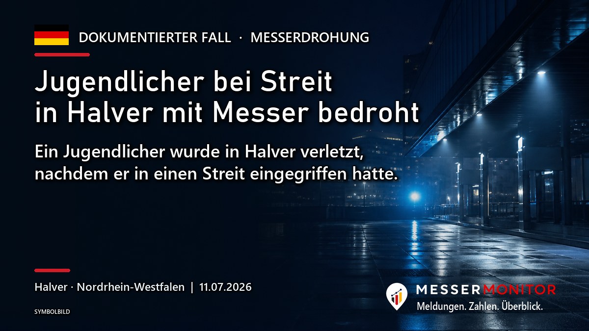Titelgrafik: Jugendlicher bei Streit in Halver mit Messer bedroht. Ein Jugendlicher wurde in Halver verletzt, nachdem er in einen Streit eingegriffen hatte..