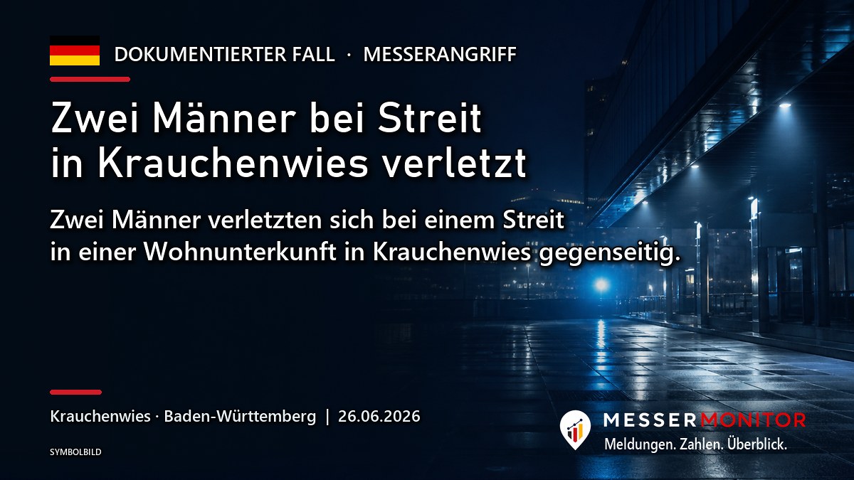 Titelgrafik: Zwei Männer bei Streit in Krauchenwies verletzt. Zwei Männer verletzten sich bei einem Streit in einer Wohnunterkunft in Krauchenwies gegenseitig..