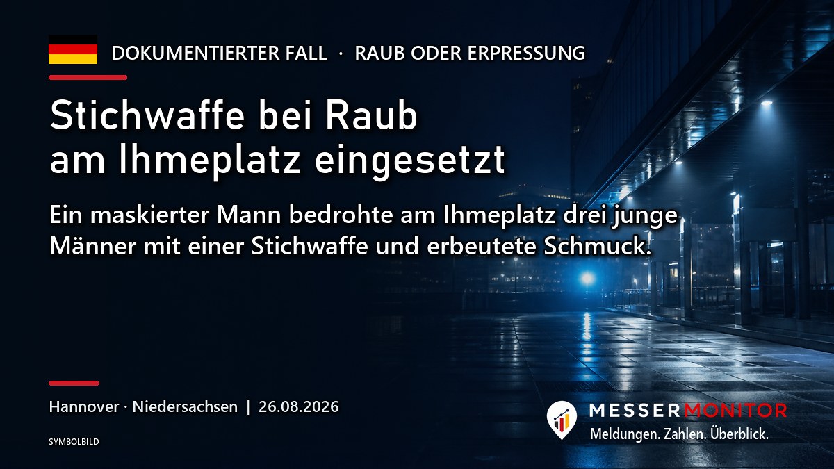 Titelgrafik: Stichwaffe bei Raub am Ihmeplatz eingesetzt. Ein maskierter Mann bedrohte am Ihmeplatz drei junge Männer mit einer Stichwaffe und erbeutete Schmuck..