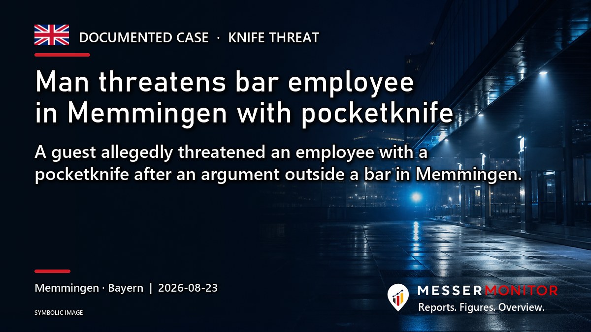 Title image: Man threatens bar employee in Memmingen with pocketknife. A guest allegedly threatened an employee with a pocketknife after an argument outside a bar in Memmingen..