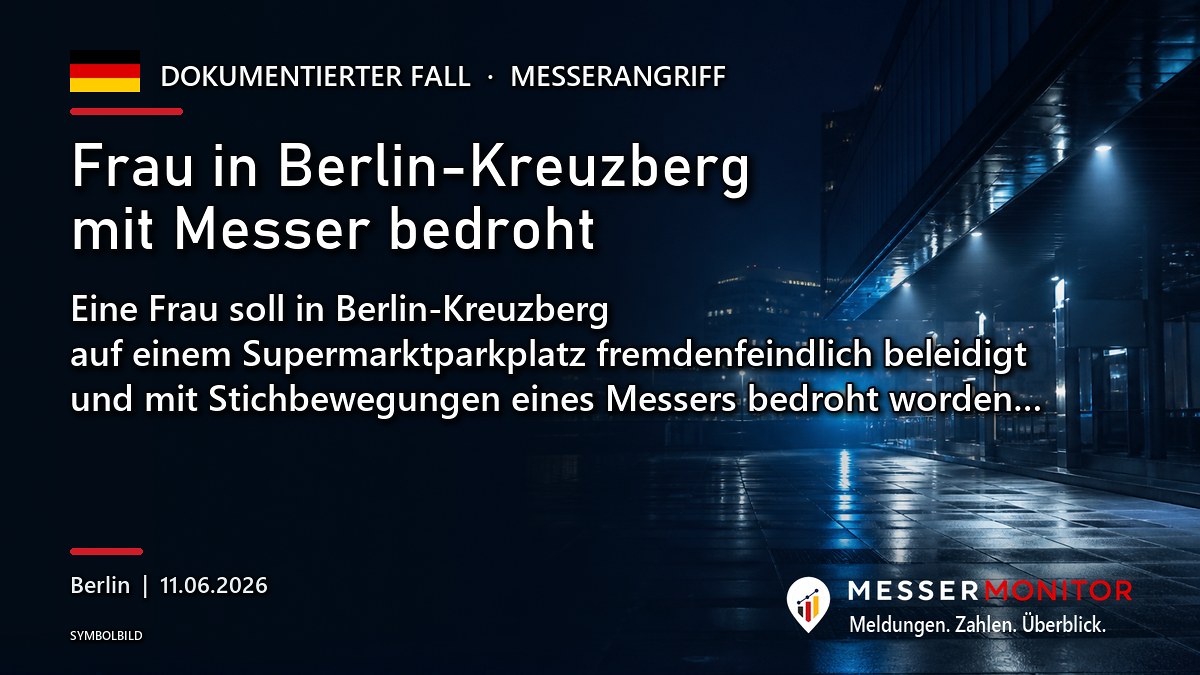 Titelgrafik: Frau in Berlin-Kreuzberg mit Messer bedroht. Eine Frau soll in Berlin-Kreuzberg auf einem Supermarktparkplatz fremdenfeindlich beleidigt und mit Stichbewegungen eines Messers bedroht worden….