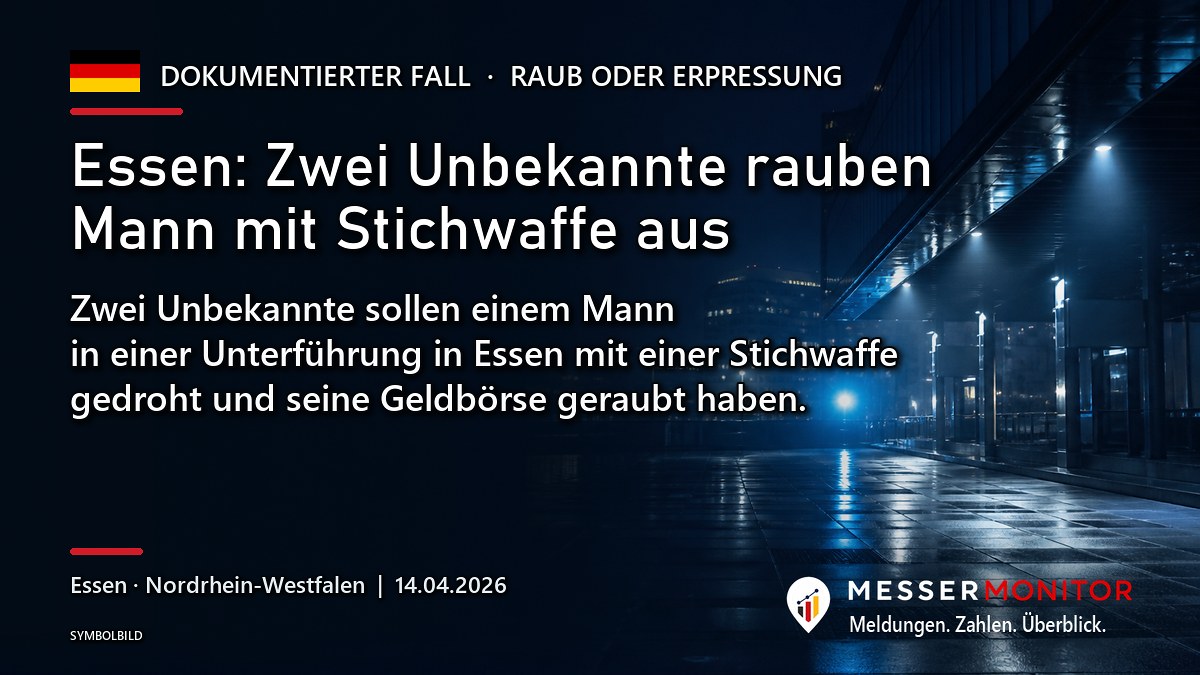 Titelgrafik: Essen: Zwei Unbekannte rauben Mann mit Stichwaffe aus. Zwei Unbekannte sollen einem Mann in einer Unterführung in Essen mit einer Stichwaffe gedroht und seine Geldbörse geraubt haben..