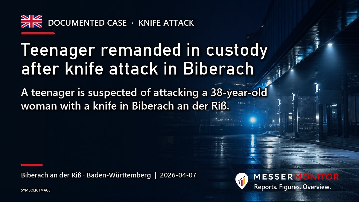 Title image: Teenager remanded in custody after knife attack in Biberach. A teenager is suspected of attacking a 38-year-old woman with a knife in Biberach an der Riß..