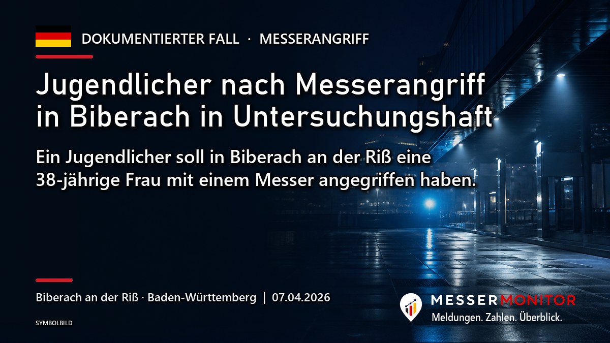 Titelgrafik: Jugendlicher nach Messerangriff in Biberach in Untersuchungshaft. Ein Jugendlicher soll in Biberach an der Riß eine 38-jährige Frau mit einem Messer angegriffen haben..