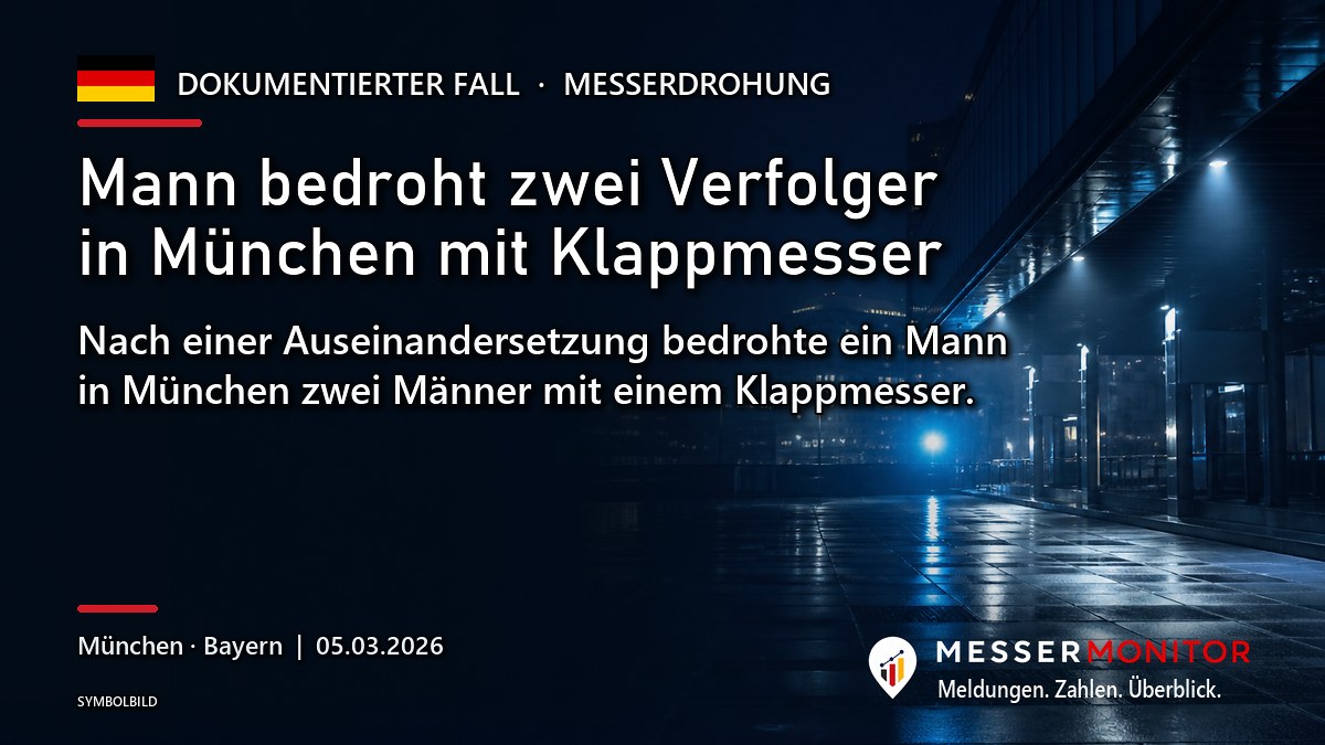 Titelgrafik: Mann bedroht zwei Verfolger in München mit Klappmesser. Nach einer Auseinandersetzung bedrohte ein Mann in München zwei Männer mit einem Klappmesser..