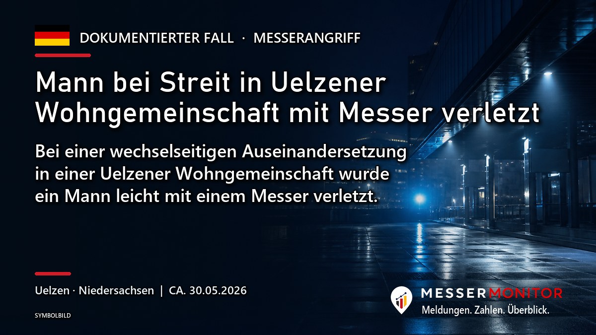 Titelgrafik: Mann bei Streit in Uelzener Wohngemeinschaft mit Messer verletzt. Bei einer wechselseitigen Auseinandersetzung in einer Uelzener Wohngemeinschaft wurde ein Mann leicht mit einem Messer verletzt..