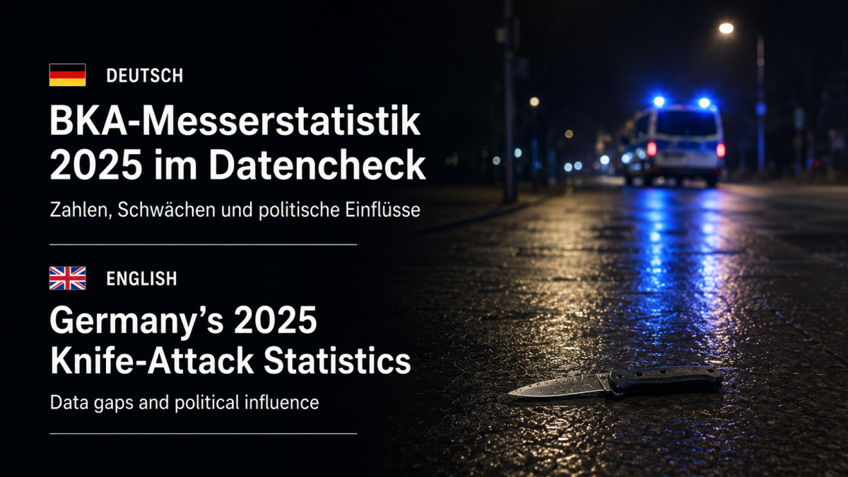 Polizeifahrzeug auf nasser Straße und Messer im Vordergrund; eingeblendete deutsche und englische Überschriften zur BKA-Messerstatistik 2025.