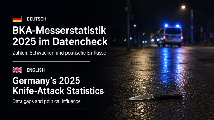 Polizeifahrzeug auf nasser Straße und Messer im Vordergrund; eingeblendete deutsche und englische Überschriften zur BKA-Messerstatistik 2025.