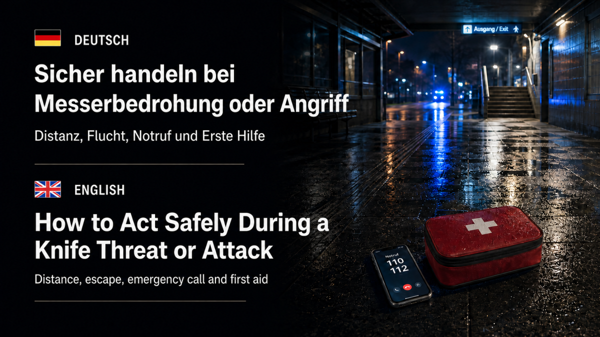 Zweisprachige Titelgrafik zum sicheren Handeln bei Messerbedrohung oder Angriff mit nächtlichem Ausgang, Notruftelefon und Erste-Hilfe-Tasche.