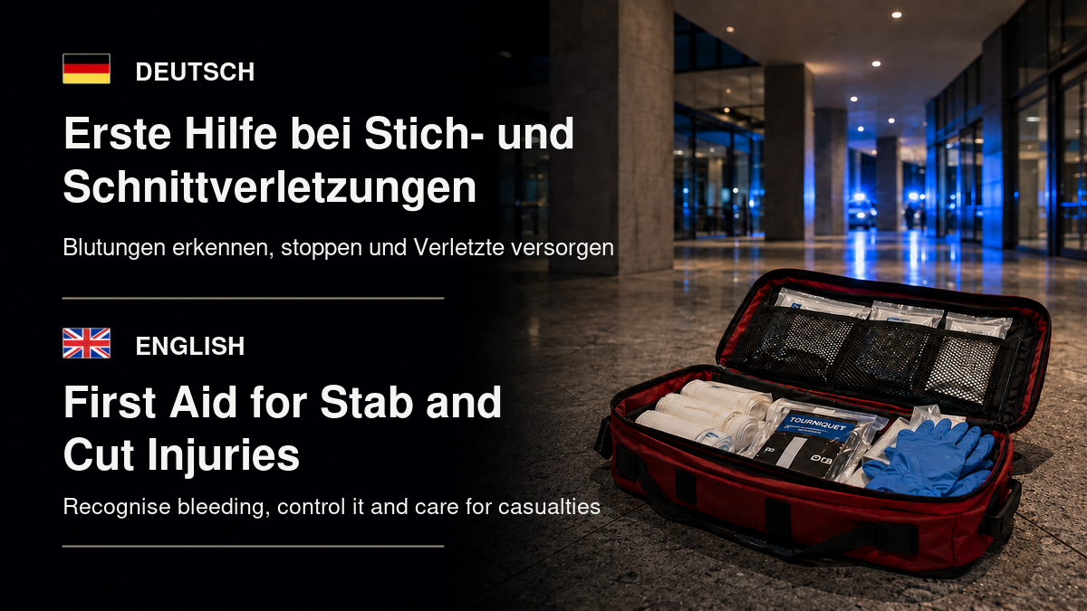 Bilingual title graphic about first aid for stab and cut injuries, showing an open trauma kit inside a modern public building.