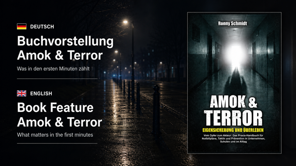 Bilingual title graphic for the Amok & Terror book feature, showing the original book cover against a night-time street.