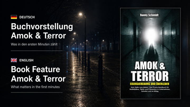 Zweisprachige Titelgrafik zur Buchvorstellung Amok & Terror mit dem originalen Buchcover vor einer nächtlichen Straße.