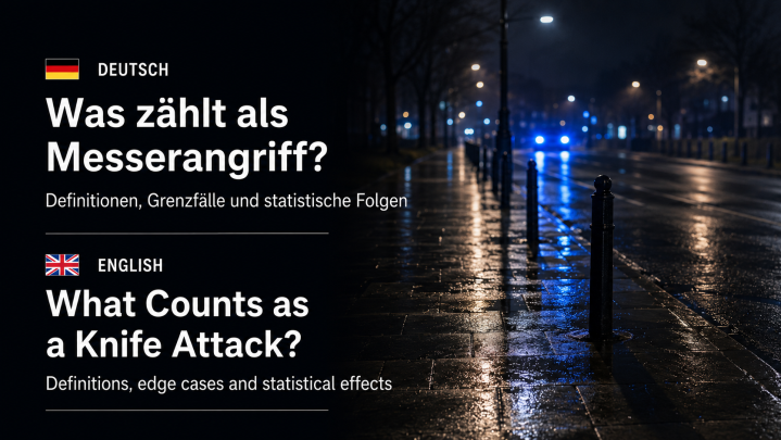 Zweisprachige Titelgrafik zur Definition und zu Grenzfällen von Messerangriffen vor einer nächtlichen Straße mit entferntem Blaulicht.