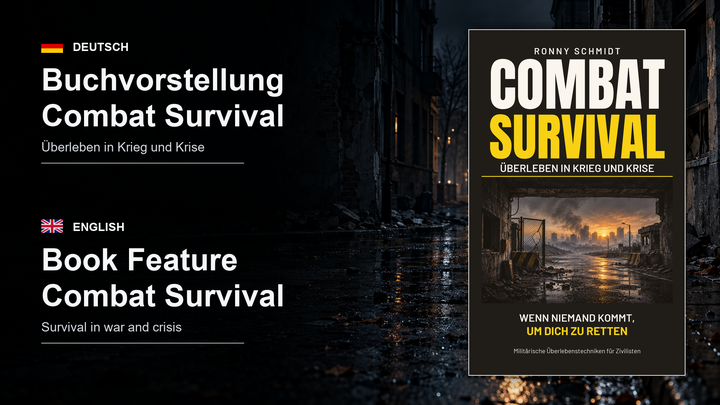 Bilingual title graphic for the Combat Survival book feature, showing the unaltered book cover against a damaged street at night.